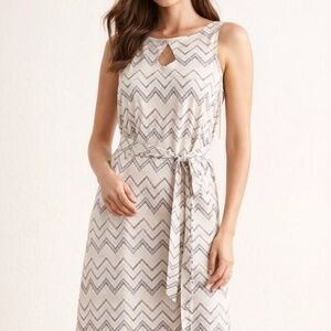 LOFT Blue Embroidered Chevron Cotton Midi Dress Size 14 NWT Tie Waist